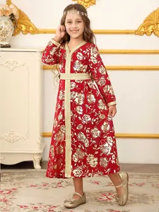 Vestido Kaftán Niña Oriente Medio Dubái Abaya Robe para Niños Bronceado Floral Manga Larga Étnico Princesa Fiesta Maxi