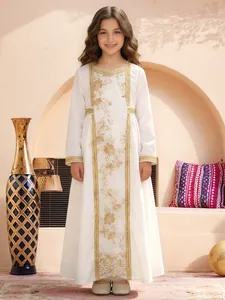 Elegant white girl's long sleeve maxi dress with intricate gold floral embroidery