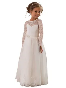 Elegantes weißes ärmelloses Blumenmädchen-Hochzeitskleid mit Spitze und weichem Tüll