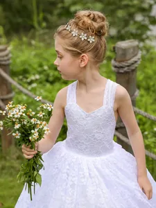 Elegante vestido blanco de encaje sin mangas para niña de flores con escote en V y tul
