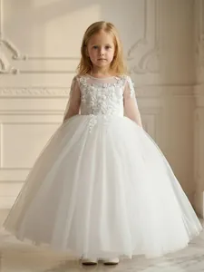 Abito da Damigella Vintage in Pizzo e Maglia per Matrimonio Festa Bambina Principessa in Tulle con Ricamo Formale Comunione
