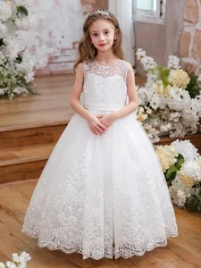 Girl White Lace Embroidery Wedding Party Dress Elegant Sleeveless Mesh Princess Ball Gown For Flower Girl Birthday Ceremony