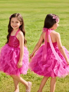 Sparkly rose pink flower girl dress with sequined bodice and puffy tulle skirt