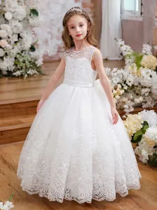 Elegant white lace flower girl dress for weddings with satin bow and tulle skirt