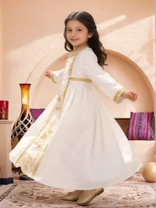 Elegant white long-sleeve girls kaftan dress with intricate gold embroidery and lace