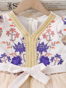 Short-sleeve Arabic girls dress with V-neck gold trim and floral print mesh skirt