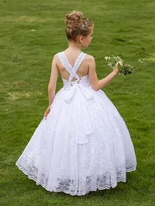 Vestido de princesa de encaje blanco para niña con espalda cruzada y gran lazo de satén