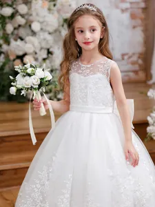 Elegant white lace flower girl dress with multi-layer tulle skirt and back bow for kids