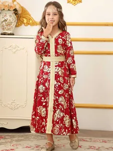 Vestido caftán rojo para niña con flores doradas y encaje estilo Dubai turco