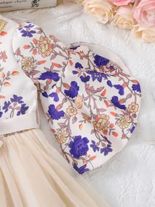 Girl's Arabic style floral dress with puff sleeves and layered tulle skirt