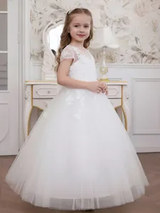 Elegant white lace and tulle flower girl dress with floral embroidery for weddings
