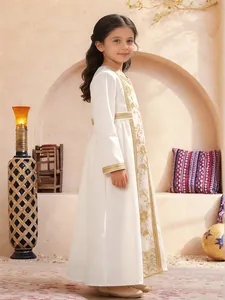 Elegant white long sleeve girls' dress with golden floral embroidery and lace trim
