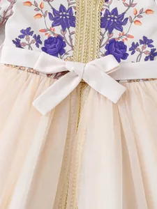 Arabic girls floral short sleeve dress with gold embroidery and pink bow belt