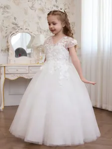 White lace and tulle flower girl dress with floral appliques for wedding parties