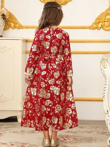 Elegante vestido rojo para niñas con estampado floral dorado de estilo medio oriente