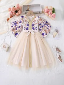 Middle Eastern Style Girls Floral Long Sleeve Kaftan Dress With Belt Mesh Patchwork Champagne Holiday Party Princess Dress