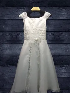 White puff sleeve flower girl dress with floral embroidery and tiered tulle skirt