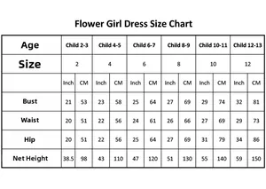 Detailed Flower Girl Dress Size Chart for kids aged 2 to 13 with Inch and CM measurements