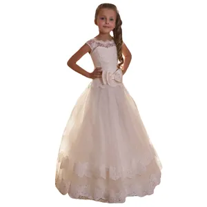 Girl ivory lace ball gown with satin bow and tiered tulle skirt for flower girls