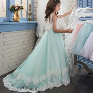 Vestido de niña de flores verde menta con falda de tul y lazo para bodas y fiestas