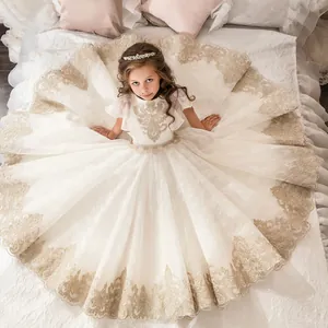 Luxueuse Robe de Bal en Dentelle avec Broderies Or en Tulle pour Filles Élégante Robe de Demoiselle d'Honneur pour Mariage