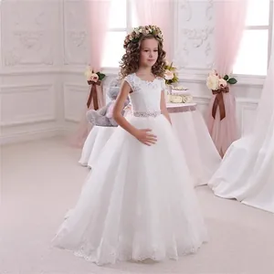 Abito da Sposa in Pizzo e Rete per Bambina Senza Maniche Lungo Tulle Principessa Con Cintura Fiocco Strass Completo Festa