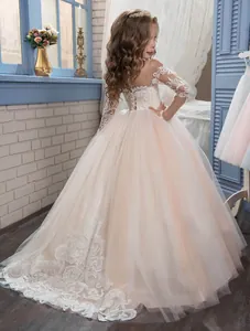 Elegant champagne lace girl long sleeve tulle princess gown for weddings and piano shows