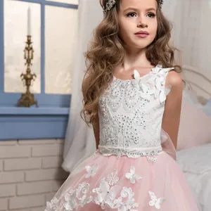 Girl's lace princess dress with 3D butterflies and pink tulle skirt for parties