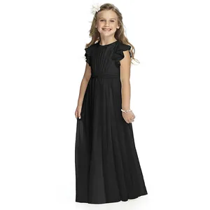 Detail of elegant black chiffon floor-length flower girl dress with ruffled sleeves and waist pleats