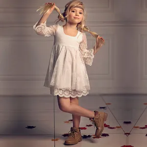 Girls Floral Lace Princess Dress Hollow Out Long Sleeve Wedding Birthday Party Elegant Performance Retro Gown Kids Apparel