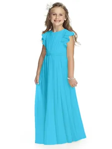 Detail of cyan blue chiffon girls gown featuring flutter sleeves and pleated bodice design