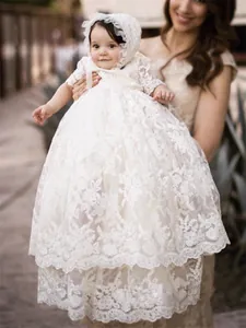 Vestido de Bautizo de Encaje Vintage para Bebé Niña Con Gorro a Juego Manga Corta Vestido en Capas para Recién Nacido Fiesta Boda Blanco Beige