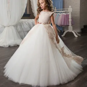 Abito da Damigella Bimba con Ricamo in Pizzo Senza Maniche Tulle Principessa Matrimonio Festa Cerimonia Champagne Avorio