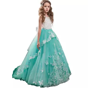 Girl princess wedding dress with white lace bodice and mint green tulle tutu skirt