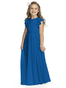 Detail of royal blue chiffon flower girl dress with ruffled sleeves and pleated bodice