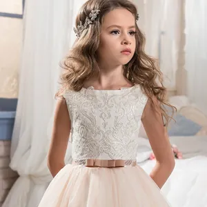 Elegant ivory lace flower girl dress with sparkling rhinestones and puffy tulle skirt