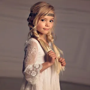 Elegant white lace long sleeve flower girl princess dress for parties and birthdays