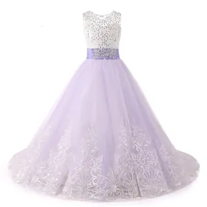 Detailed lace embroidery and rhinestone accents on this purple tulle girl princess gown