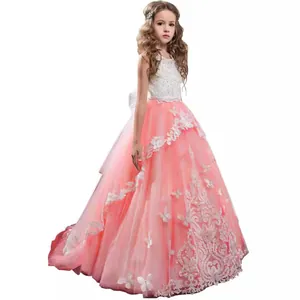 Pink and white lace ball gown for girls with floral embroidery and butterfly details