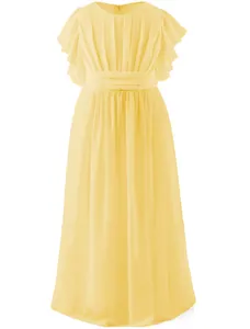 Detail of light yellow chiffon flower girl dress with layered skirt and ruffle sleeves
