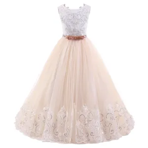 Girl's lace wedding dress with champagne tulle skirt and waist bow decoration