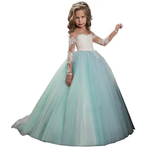 Detail of white long sleeve floral lace bodice and layered light blue tulle skirt on the dress