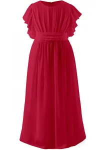 Detail of dark red chiffon flower girl dress featuring elegant ruffle sleeves and pleated waist