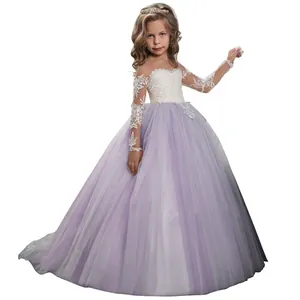 Detailed lace bodice and layered lavender tulle skirt on a floor-length flower girl dress