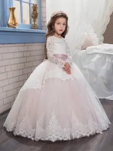 Blumenmädchenkleid Spitze Langarm Tulle Ballkleid Hochzeit Party Kleid Für Mädchen Stickerei Strass Schleife Prinzessin Kleid