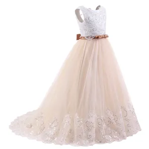 Detailed embroidery of lace and sparkling sequins on the champagne flower girl dress