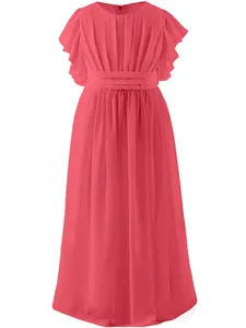 Detail of coral pink chiffon girls dress with ruffle sleeves and pleated chest design