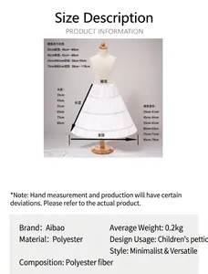 Detailed size chart showing adjustable waist and lengths for girls' white hoop underskirts
