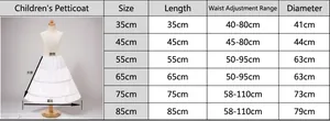 Size chart showing length, waist, and diameter for children's white petticoat underskirt