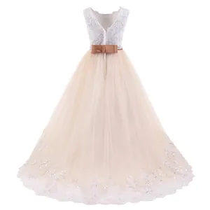 Girl lace formal gown with champagne tulle skirt and back bow for weddings